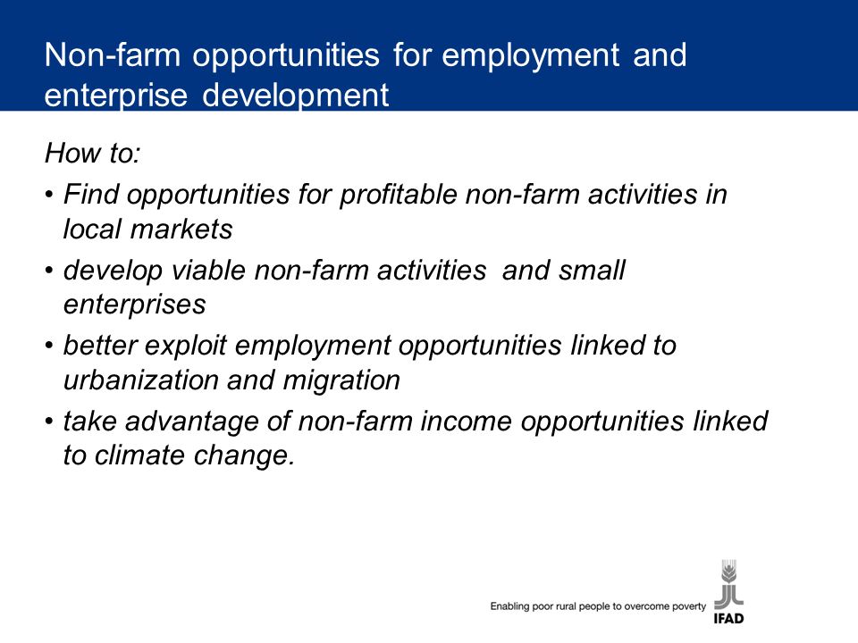 Non-farm opportunities for employment and enterprise development How to: Find opportunities for profitable non-farm activities in local markets develop viable non-farm activities and small enterprises better exploit employment opportunities linked to urbanization and migration take advantage of non-farm income opportunities linked to climate change.