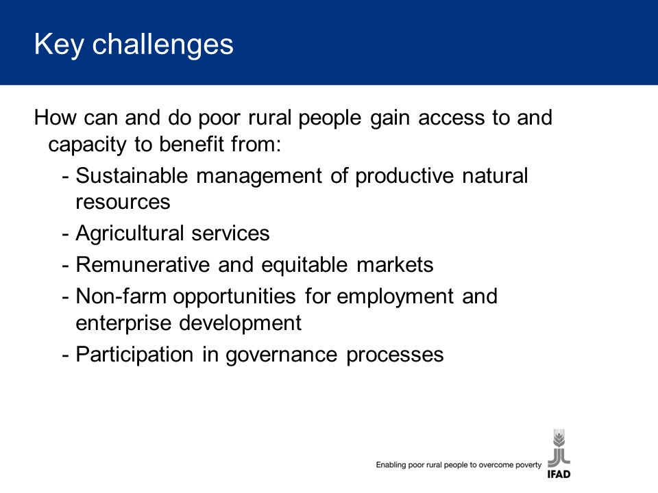 Key challenges How can and do poor rural people gain access to and capacity to benefit from: -Sustainable management of productive natural resources -Agricultural services -Remunerative and equitable markets -Non-farm opportunities for employment and enterprise development -Participation in governance processes