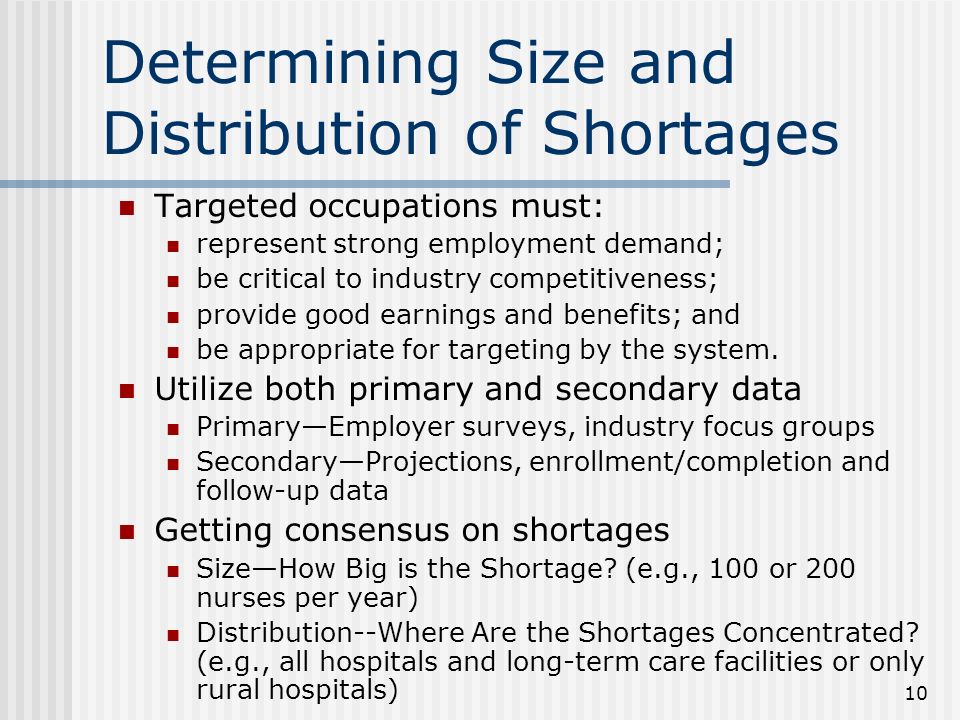 10 Determining Size and Distribution of Shortages Targeted occupations must: represent strong employment demand; be critical to industry competitiveness; provide good earnings and benefits; and be appropriate for targeting by the system.