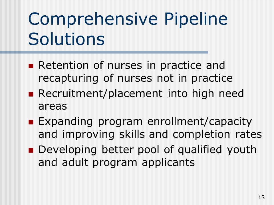 13 Comprehensive Pipeline Solutions Retention of nurses in practice and recapturing of nurses not in practice Recruitment/placement into high need areas Expanding program enrollment/capacity and improving skills and completion rates Developing better pool of qualified youth and adult program applicants