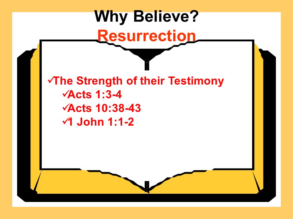 Why Believe Resurrection The Strength of their Testimony Acts 1:3-4 Acts 10: John 1:1-2