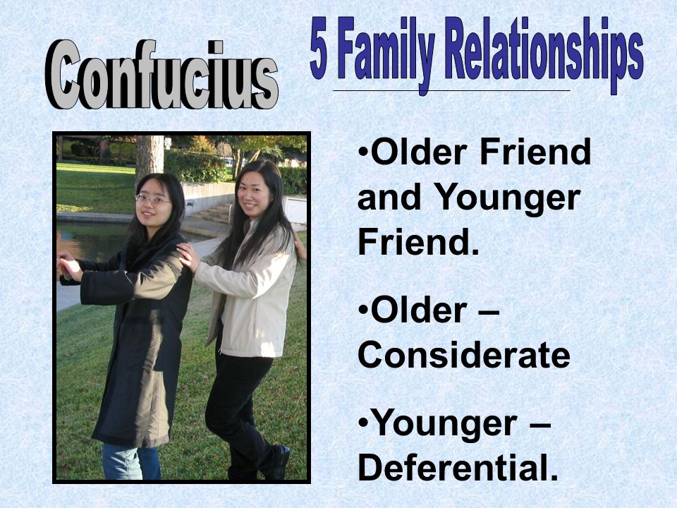 Older Friend and Younger Friend. Older – Considerate Younger – Deferential.