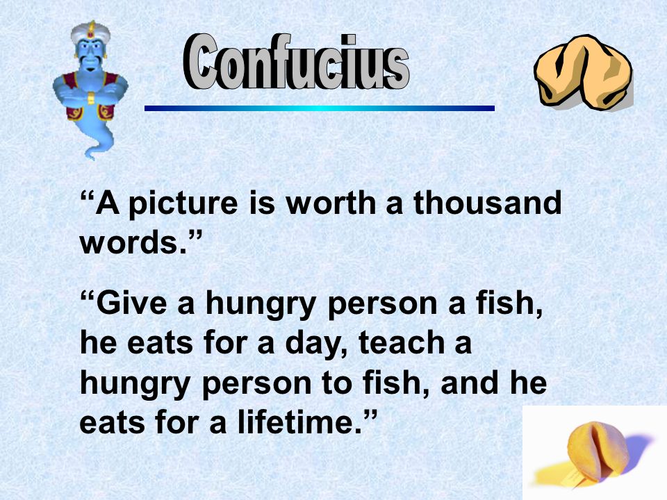 A picture is worth a thousand words. Give a hungry person a fish, he eats for a day, teach a hungry person to fish, and he eats for a lifetime.