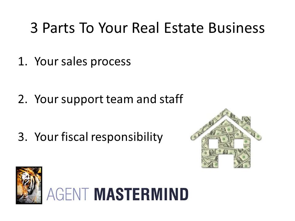 3 Parts To Your Real Estate Business 1.Your sales process 2.Your support team and staff 3.Your fiscal responsibility