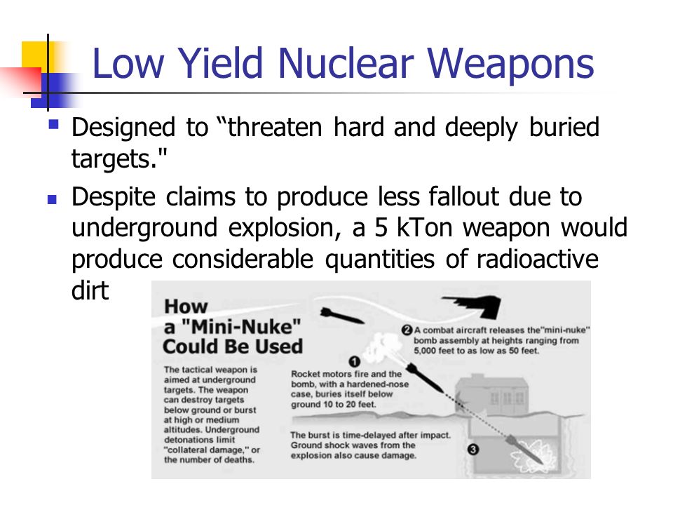 Low Yield Nuclear Weapons  Designed to threaten hard and deeply buried targets. Despite claims to produce less fallout due to underground explosion, a 5 kTon weapon would produce considerable quantities of radioactive dirt