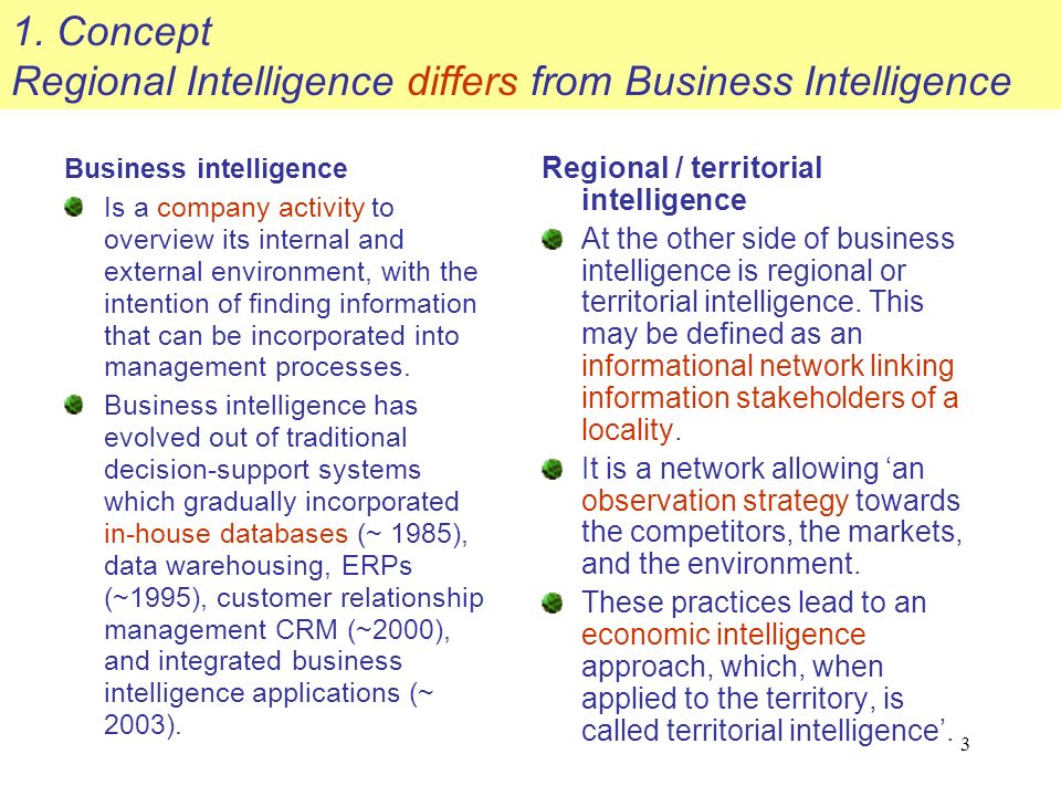 3 Business intelligence Is a company activity to overview its internal and external environment, with the intention of finding information that can be incorporated into management processes.
