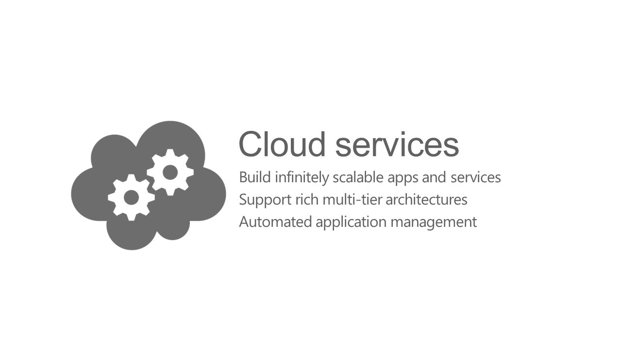 Cloud services Build infinitely scalable apps and services Support rich multi-tier architectures Automated application management