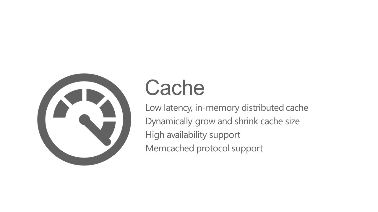 Cache Low latency, in-memory distributed cache Dynamically grow and shrink cache size High availability support Memcached protocol support