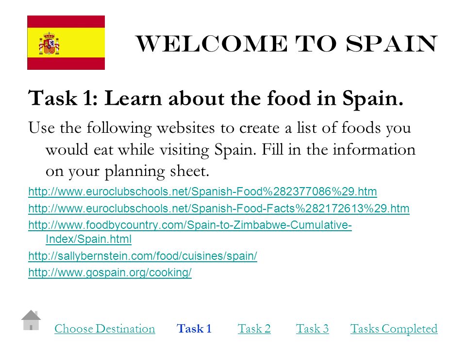 Welcome to Spain Task 1: Learn about the food in Spain.
