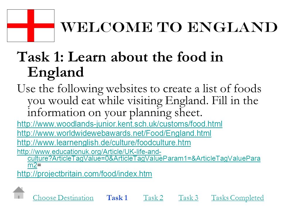 Welcome to england Task 1: Learn about the food in England Use the following websites to create a list of foods you would eat while visiting England.