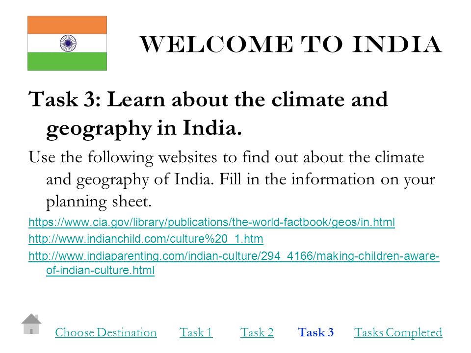 Welcome to india Task 3: Learn about the climate and geography in India.