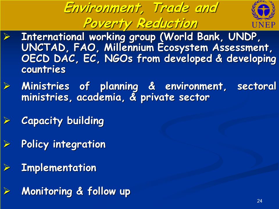 24 Environment, Trade and Poverty Reduction  International working group (World Bank, UNDP, UNCTAD, FAO, Millennium Ecosystem Assessment, OECD DAC, EC, NGOs from developed & developing countries  Ministries of planning & environment, sectoral ministries, academia, & private sector  Capacity building  Policy integration  Implementation  Monitoring & follow up