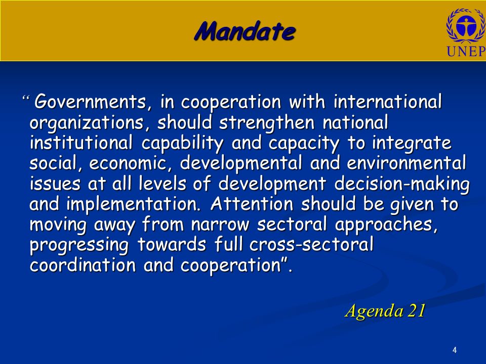 4 Mandate Governments, in cooperation with international organizations, should strengthen national institutional capability and capacity to integrate social, economic, developmental and environmental issues at all levels of development decision-making and implementation.
