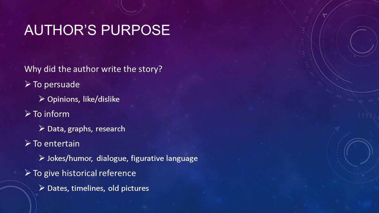 AUTHOR’S PURPOSE Why did the author write the story.