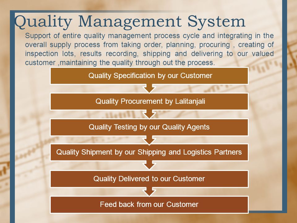 Quality Management System Feed back from our Customer Quality Delivered to our Customer Quality Shipment by our Shipping and Logistics Partners Quality Testing by our Quality Agents Quality Procurement by Lalitanjali Quality Specification by our Customer Support of entire quality management process cycle and integrating in the overall supply process from taking order, planning, procuring, creating of inspection lots, results recording, shipping and delivering to our valued customer,maintaining the quality through out the process.