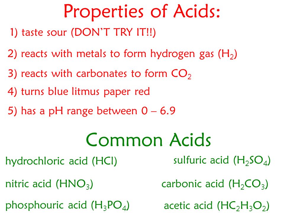 Properties of Acids: 1) taste sour (DON’T TRY IT!!) 2) reacts with metals to form hydrogen gas (H 2 ) 3) reacts with carbonates to form CO 2 4) turns blue litmus paper red Common Acids hydrochloric acid (HCl) nitric acid (HNO 3 ) phosphouric acid (H 3 PO 4 ) sulfuric acid (H 2 SO 4 ) carbonic acid (H 2 CO 3 ) acetic acid (HC 2 H 3 O 2 ) 5) has a pH range between 0 – 6.9