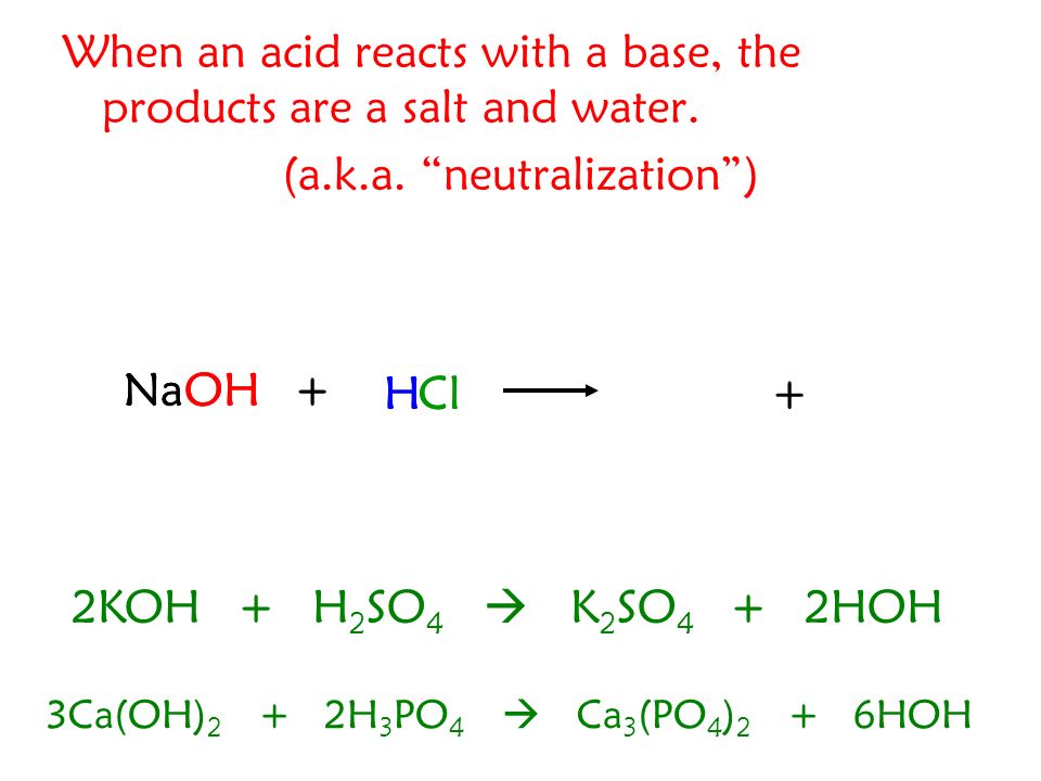When an acid reacts with a base, the products are a salt and water.