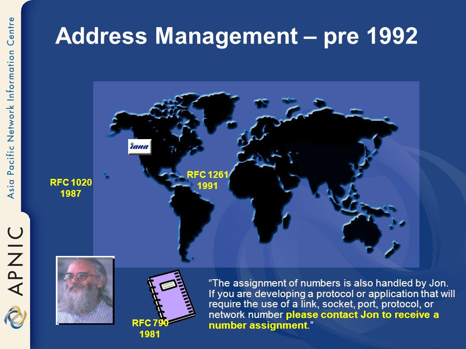 Address Management – pre 1992 RFC RFC The assignment of numbers is also handled by Jon.