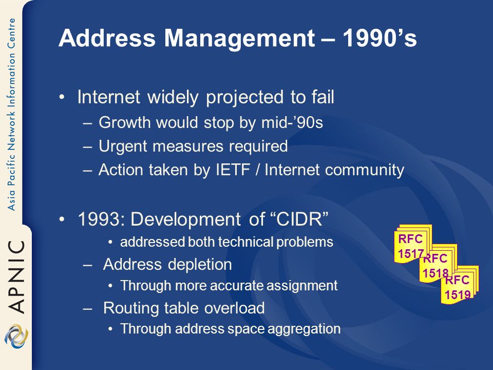 Address Management – 1990’s Internet widely projected to fail –Growth would stop by mid-’90s –Urgent measures required –Action taken by IETF / Internet community 1993: Development of CIDR addressed both technical problems – Address depletion Through more accurate assignment – Routing table overload Through address space aggregation RFC 1519 RFC 1518 RFC 1517