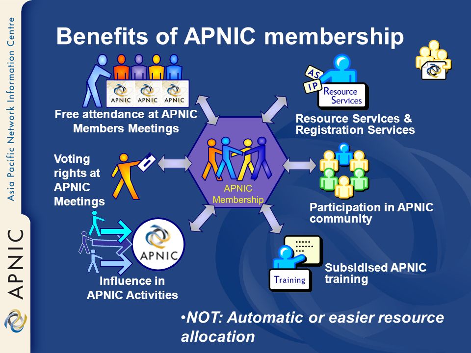 Benefits of APNIC membership NOT: Automatic or easier resource allocation Influence in APNIC Activities Voting rights at APNIC Meetings Free attendance at APNIC Members Meetings Resource Services & Registration Services Participation in APNIC community Subsidised APNIC training