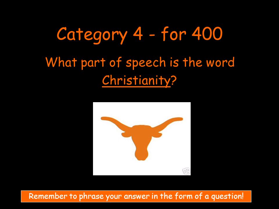 Category 4 - for 400 What part of speech is the word Christianity.