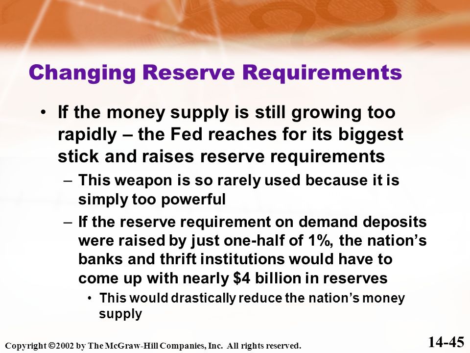 Changing Reserve Requirements If the money supply is still growing too rapidly – the Fed reaches for its biggest stick and raises reserve requirements –This weapon is so rarely used because it is simply too powerful –If the reserve requirement on demand deposits were raised by just one-half of 1%, the nation’s banks and thrift institutions would have to come up with nearly $4 billion in reserves This would drastically reduce the nation’s money supply Copyright  2002 by The McGraw-Hill Companies, Inc.