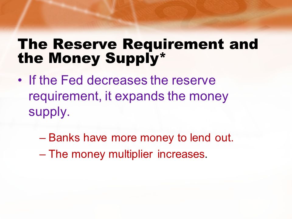 The Reserve Requirement and the Money Supply* If the Fed decreases the reserve requirement, it expands the money supply.