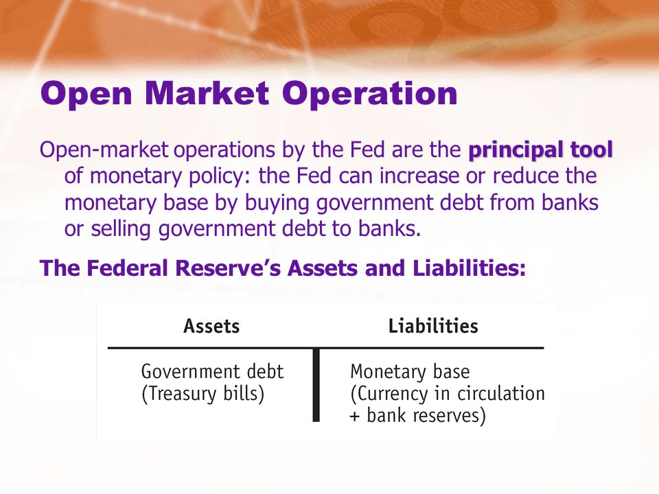 Open Market Operation principal tool Open-market operations by the Fed are the principal tool of monetary policy: the Fed can increase or reduce the monetary base by buying government debt from banks or selling government debt to banks.