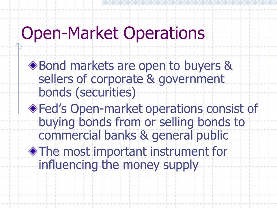 Open-Market Operations Bond markets are open to buyers & sellers of corporate & government bonds (securities) Fed’s Open-market operations consist of buying bonds from or selling bonds to commercial banks & general public The most important instrument for influencing the money supply