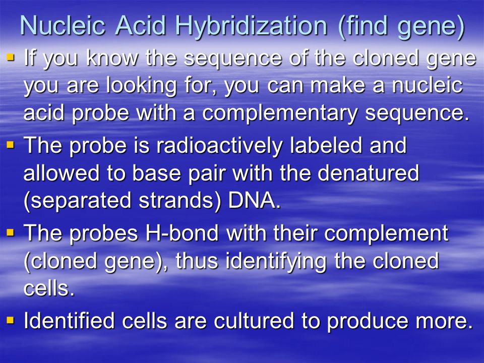 Nucleic Acid Hybridization (find gene)  If you know the sequence of the cloned gene you are looking for, you can make a nucleic acid probe with a complementary sequence.