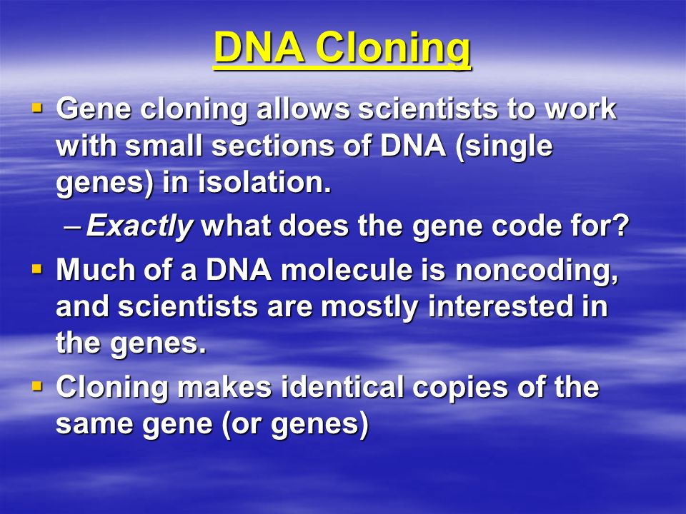 DNA Cloning  Gene cloning allows scientists to work with small sections of DNA (single genes) in isolation.