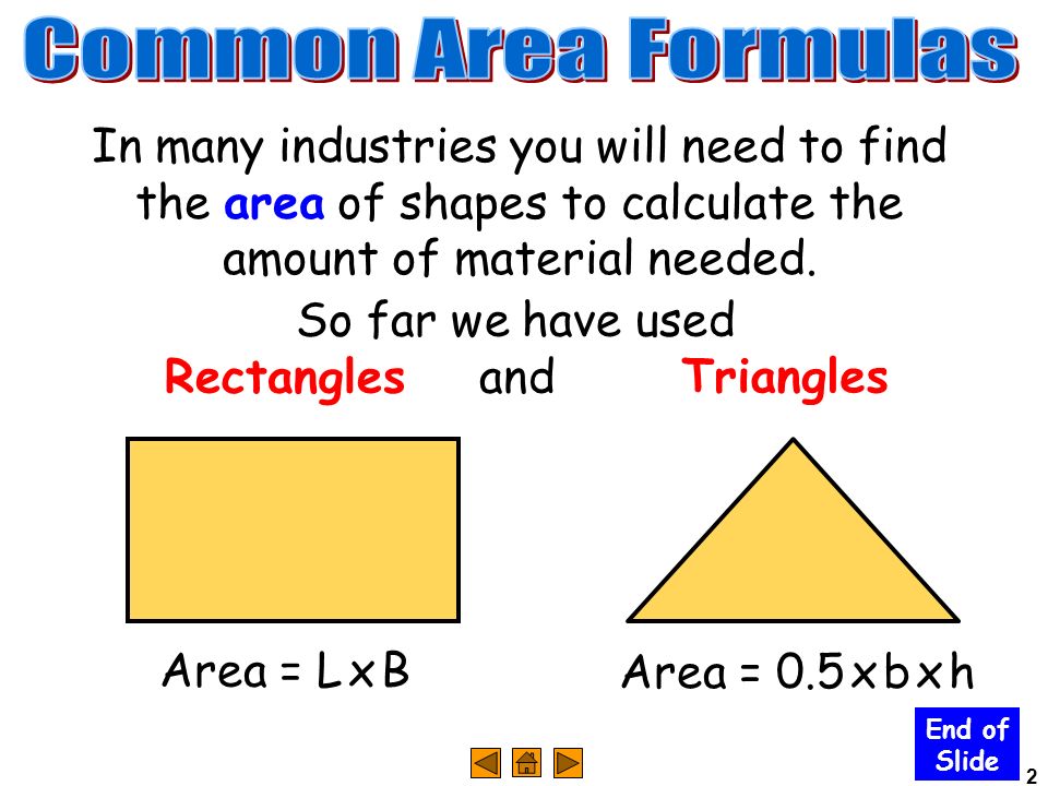 2 In many industries you will need to find the area of shapes to calculate the amount of material needed.