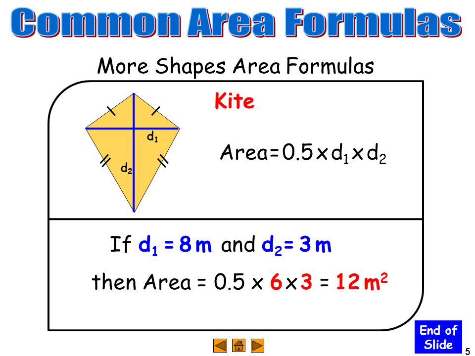 5 More Shapes Area Formulas Area = 0.5 x d 1 x d 2 End of Slide Kite If d 1 = 8 m and d 2 = 3 m then Area = 0.5 x 6 x 3 =12 m 2 d1d1 d2d2