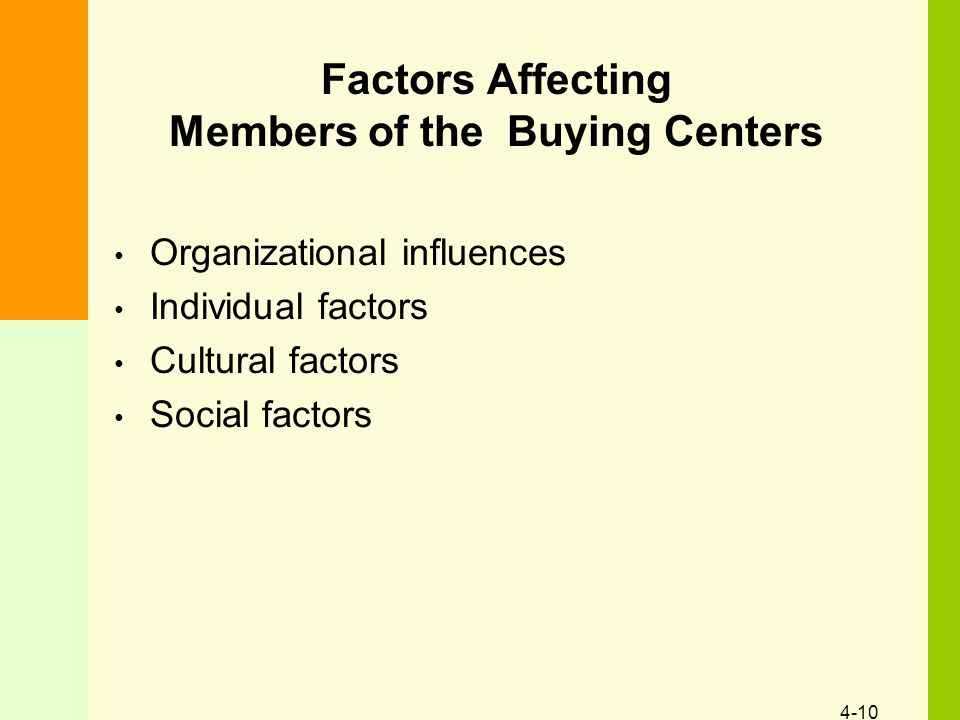 4-10 Factors Affecting Members of the Buying Centers Organizational influences Individual factors Cultural factors Social factors