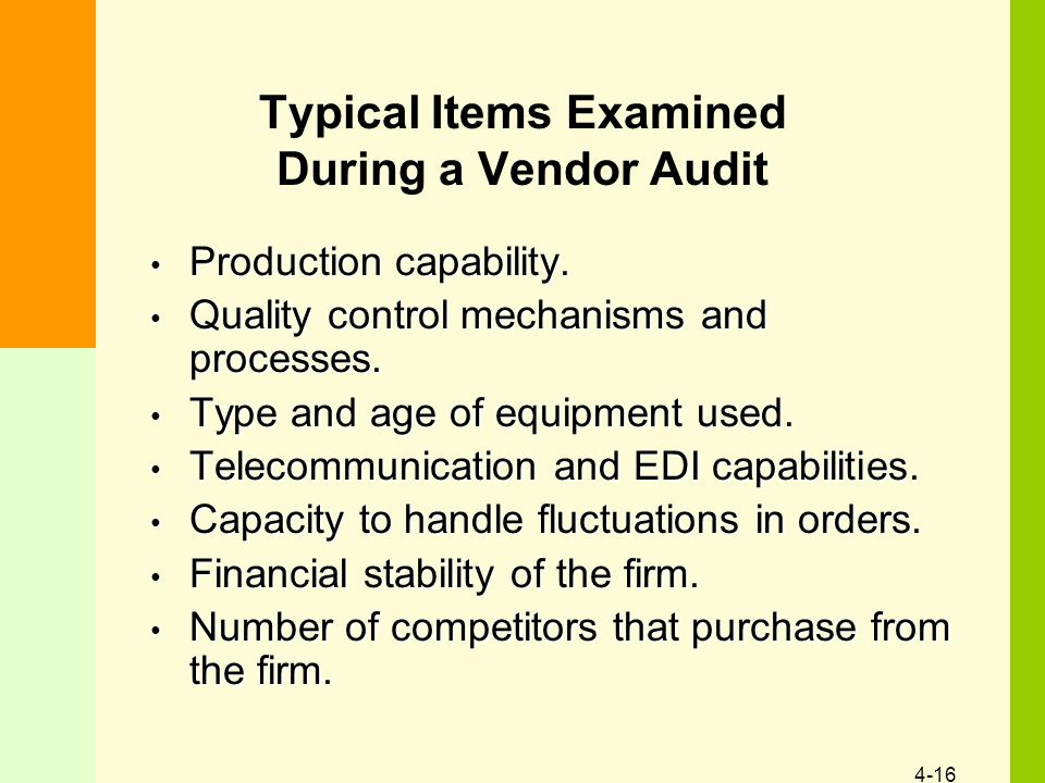 4-16 Typical Items Examined During a Vendor Audit Production capability.