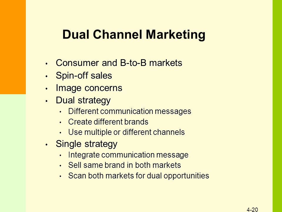 4-20 Dual Channel Marketing Consumer and B-to-B markets Consumer and B-to-B markets Spin-off sales Spin-off sales Image concerns Image concerns Dual strategy Dual strategy Different communication messages Different communication messages Create different brands Create different brands Use multiple or different channels Use multiple or different channels Single strategy Single strategy Integrate communication message Integrate communication message Sell same brand in both markets Sell same brand in both markets Scan both markets for dual opportunities Scan both markets for dual opportunities