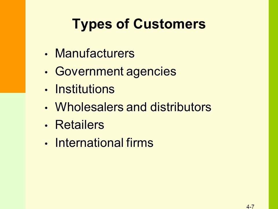 4-7 Types of Customers Manufacturers Manufacturers Government agencies Government agencies Institutions Institutions Wholesalers and distributors Wholesalers and distributors Retailers Retailers International firms International firms