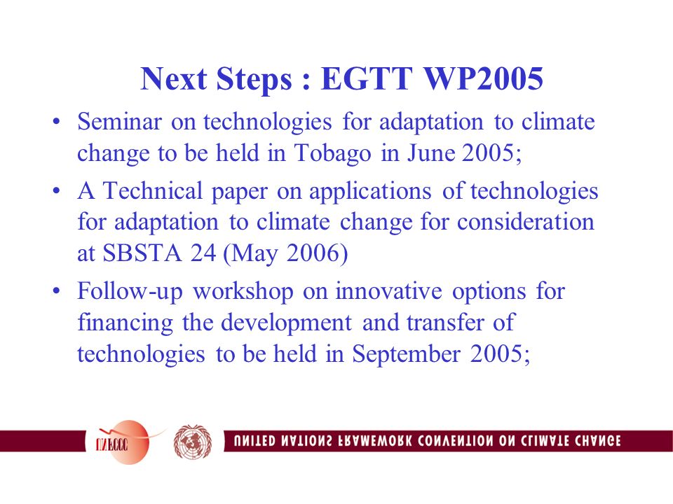Next Steps : EGTT WP2005 Seminar on technologies for adaptation to climate change to be held in Tobago in June 2005; A Technical paper on applications of technologies for adaptation to climate change for consideration at SBSTA 24 (May 2006) Follow-up workshop on innovative options for financing the development and transfer of technologies to be held in September 2005;