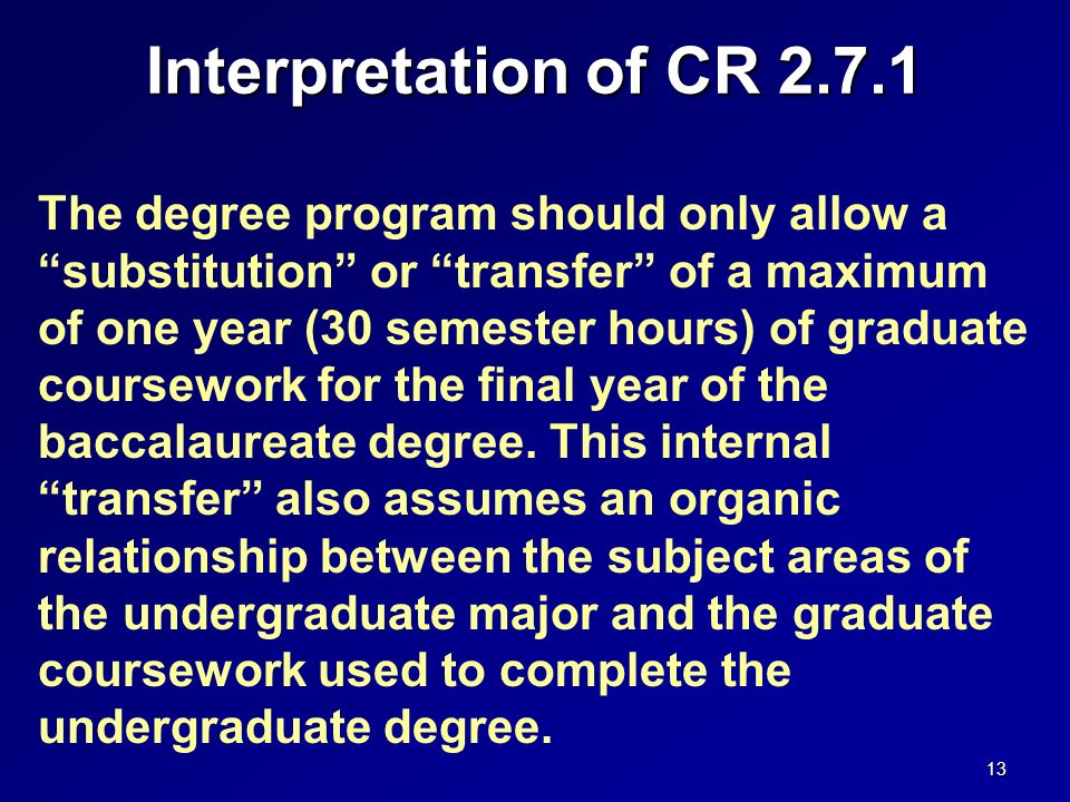 Interpretation of CR The degree program should only allow a substitution or transfer of a maximum of one year (30 semester hours) of graduate coursework for the final year of the baccalaureate degree.