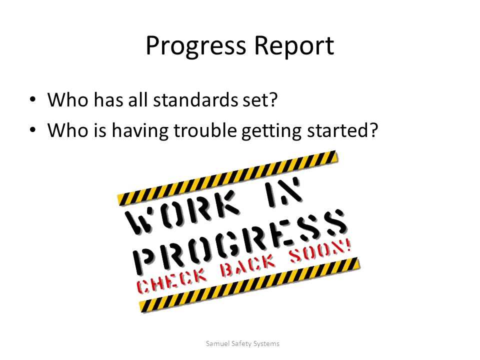 Progress Report Who has all standards set. Who is having trouble getting started.