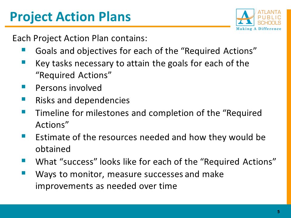 Project Action Plans Each Project Action Plan contains:  Goals and objectives for each of the Required Actions  Key tasks necessary to attain the goals for each of the Required Actions  Persons involved  Risks and dependencies  Timeline for milestones and completion of the Required Actions  Estimate of the resources needed and how they would be obtained  What success looks like for each of the Required Actions  Ways to monitor, measure successes and make improvements as needed over time 5