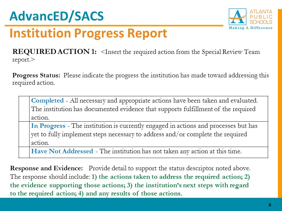 AdvancED/SACS Institution Progress Report REQUIRED ACTION 1: Progress Status: Please indicate the progress the institution has made toward addressing this required action.