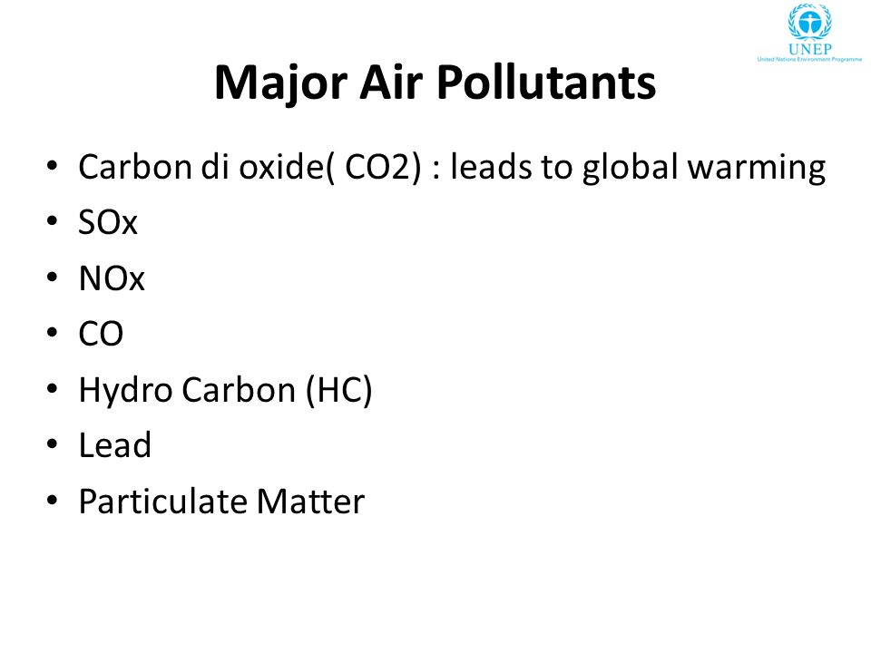 Major Air Pollutants Carbon di oxide( CO2) : leads to global warming SOx NOx CO Hydro Carbon (HC) Lead Particulate Matter