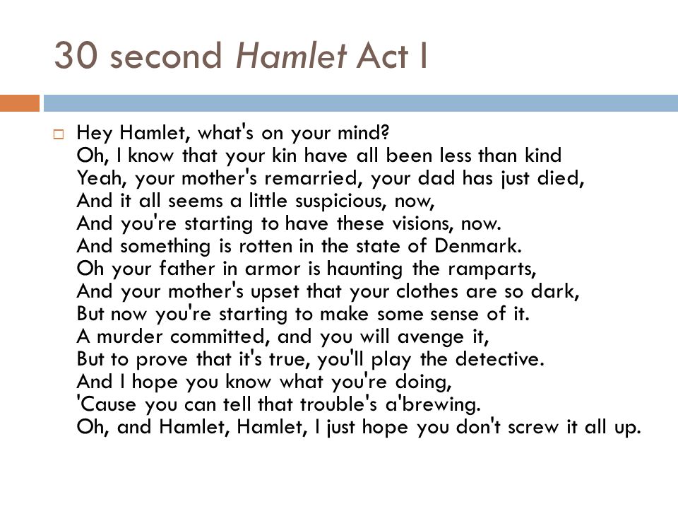 30 second Hamlet Act I  Hey Hamlet, what s on your mind.