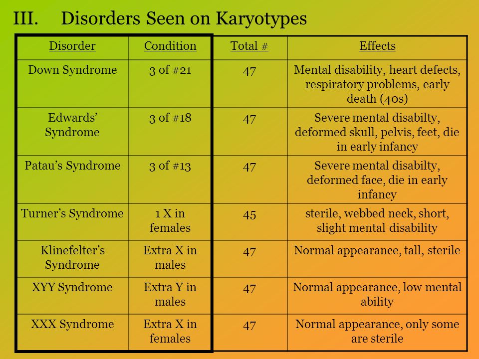 III.Disorders Seen on Karyotypes DisorderConditionTotal #Effects Down Syndrome3 of #2147Mental disability, heart defects, respiratory problems, early death (40s) Edwards’ Syndrome 3 of #1847Severe mental disabilty, deformed skull, pelvis, feet, die in early infancy Patau’s Syndrome3 of #1347Severe mental disabilty, deformed face, die in early infancy Turner’s Syndrome1 X in females 45sterile, webbed neck, short, slight mental disability Klinefelter’s Syndrome Extra X in males 47Normal appearance, tall, sterile XYY SyndromeExtra Y in males 47Normal appearance, low mental ability XXX SyndromeExtra X in females 47Normal appearance, only some are sterile