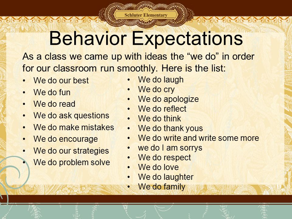 Behavior Expectations As a class we came up with ideas the we do in order for our classroom run smoothly.