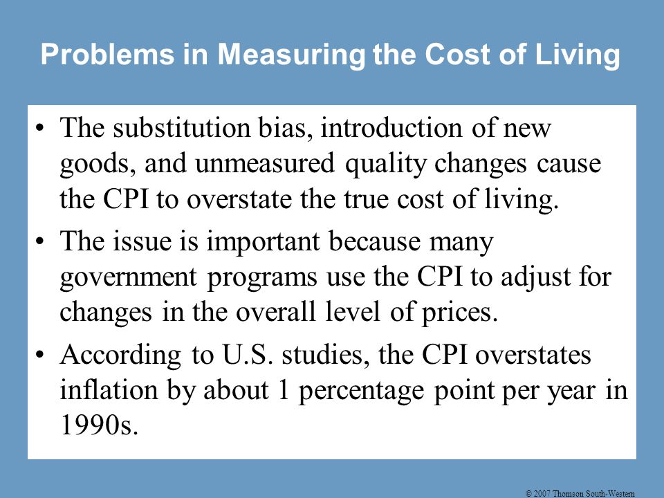 © 2007 Thomson South-Western Problems in Measuring the Cost of Living The substitution bias, introduction of new goods, and unmeasured quality changes cause the CPI to overstate the true cost of living.