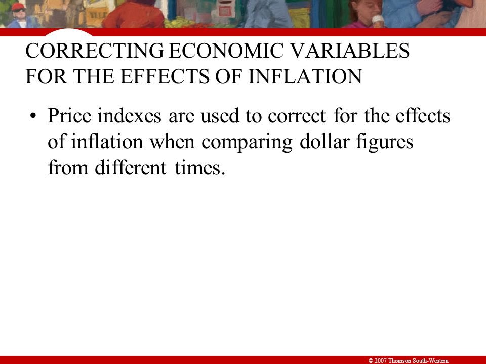 © 2007 Thomson South-Western CORRECTING ECONOMIC VARIABLES FOR THE EFFECTS OF INFLATION Price indexes are used to correct for the effects of inflation when comparing dollar figures from different times.
