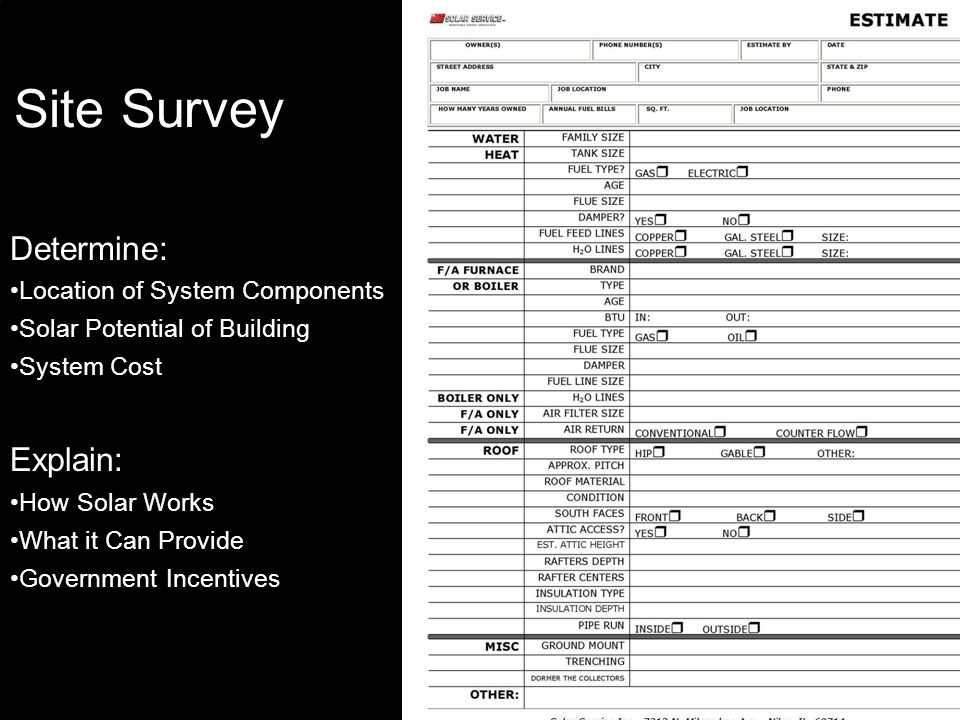 Site Survey Determine: Location of System Components Solar Potential of Building System Cost Explain: How Solar Works What it Can Provide Government Incentives
