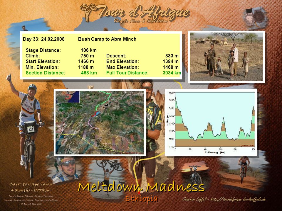 Meltdown Madness Ethiopia Day 33: Bush Camp to Abra Minch Stage Distance: 106 km Climb: 750 mDescent: 833 m Start Elevation: 1466 mEnd Elevation:1384 m Min.
